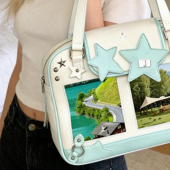 Kawaii Ita Bag Shoulder Bag with Clear Windows Anime Pin Display Bag Doll Badge Display Tote Cute Star Handbag Holds 20cm Doll for Cosplay Anime Fairs