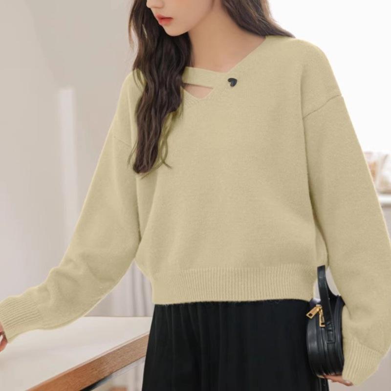 

Женский свитер Harajuku Chic Hong Kong Style с V-образным вырезом и косыми пуговицами в форме сердца, осенний темпераментный трикотажный топ L абрикосовый