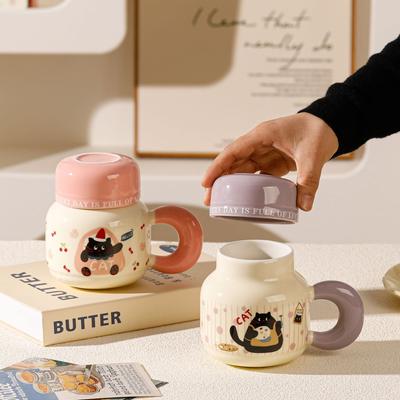 Niedliche Katze Keramiktasse mit Deckel, Becher, Souvenir, Haushalts-Boudoir-Wasserbecher, Honiggeschenk, Büro-Kaffeetasse