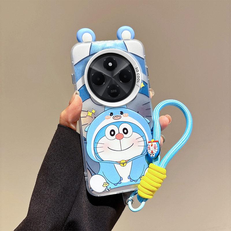 KEYSION Cute Ear Cartoon Case for Redmi 14C with Lanyard Soft Silicone+PC Shockproof Phone Back Cover for Xiaomi POCO C75