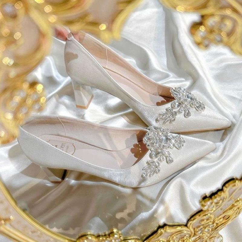 

2025 New Wedding Satin Champagne Color Diamond Head Thin Heel High Heels Women Comfortable Not Tired Feet 34