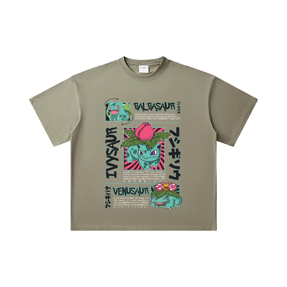260 GSM Double Yarn 32 Count 100% Cotton Pokemon V4 Balbasaur Print Unisex Heavy Cotton T Shirt