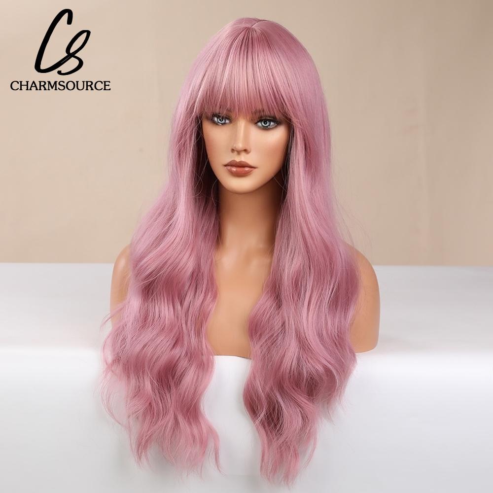 CharmSource Lange natürliche gewellte Perücke mit ordentlichem Pony/Fransen für Frauen, rosa Haar, synthetische Perücken, Cosplay, Party, hitzebeständige Faser
