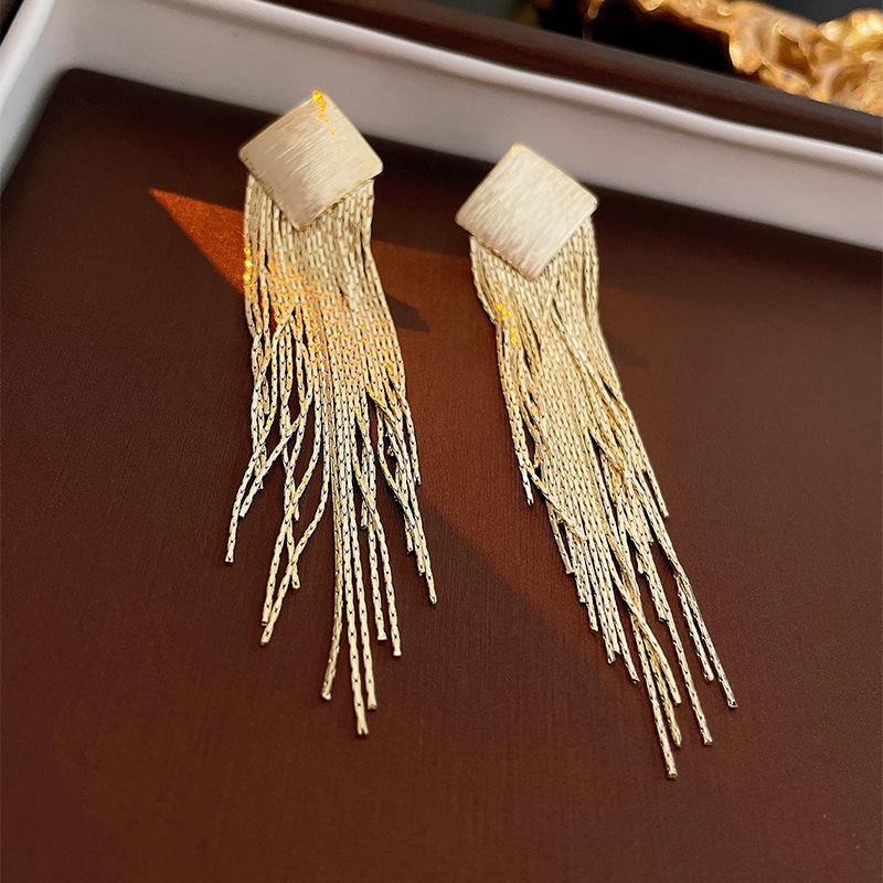 Rhombus metal tassel silver needle earrings personalized geometric temperament earrings