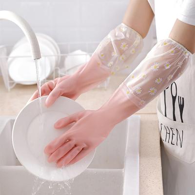 1 Pair Dishwashing Cleaning Gloves Daisy Flower Pattern Waterproof Reusable Kitchen Household Rubber Gloves Color Random