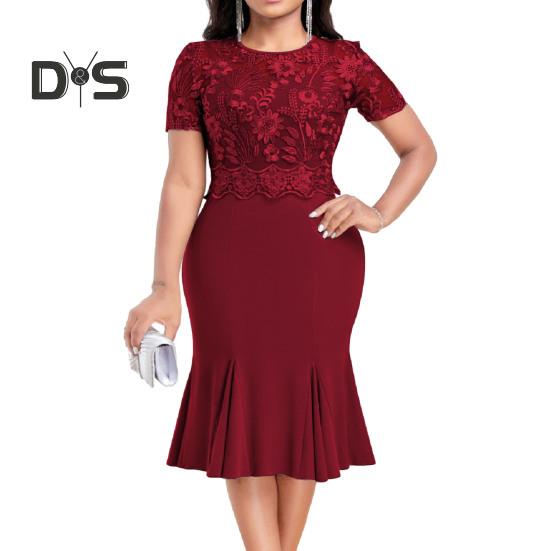 Women Plus Size Embroidery Lace Splice Dress O neck Short Sleeve High Waist Hip Wrapped Fishtail Gown Dress