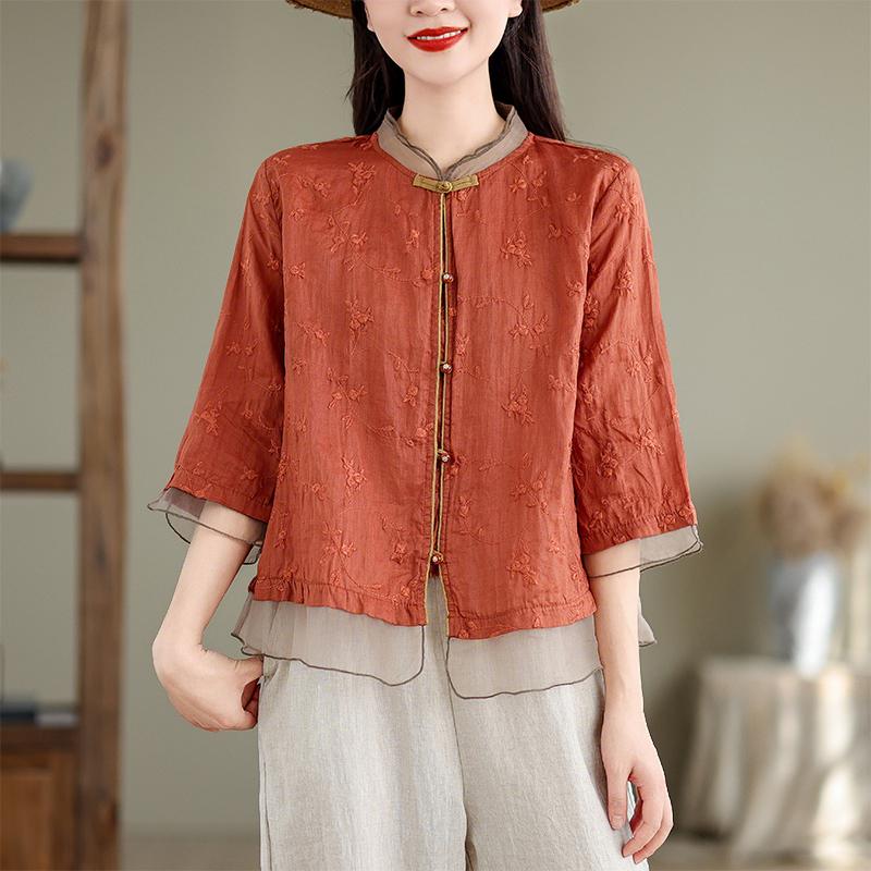 

ZANZEA Vintage Women Short Sleeve Button Down Patchwork Ethnic Embroidery Casual Blouse L красный