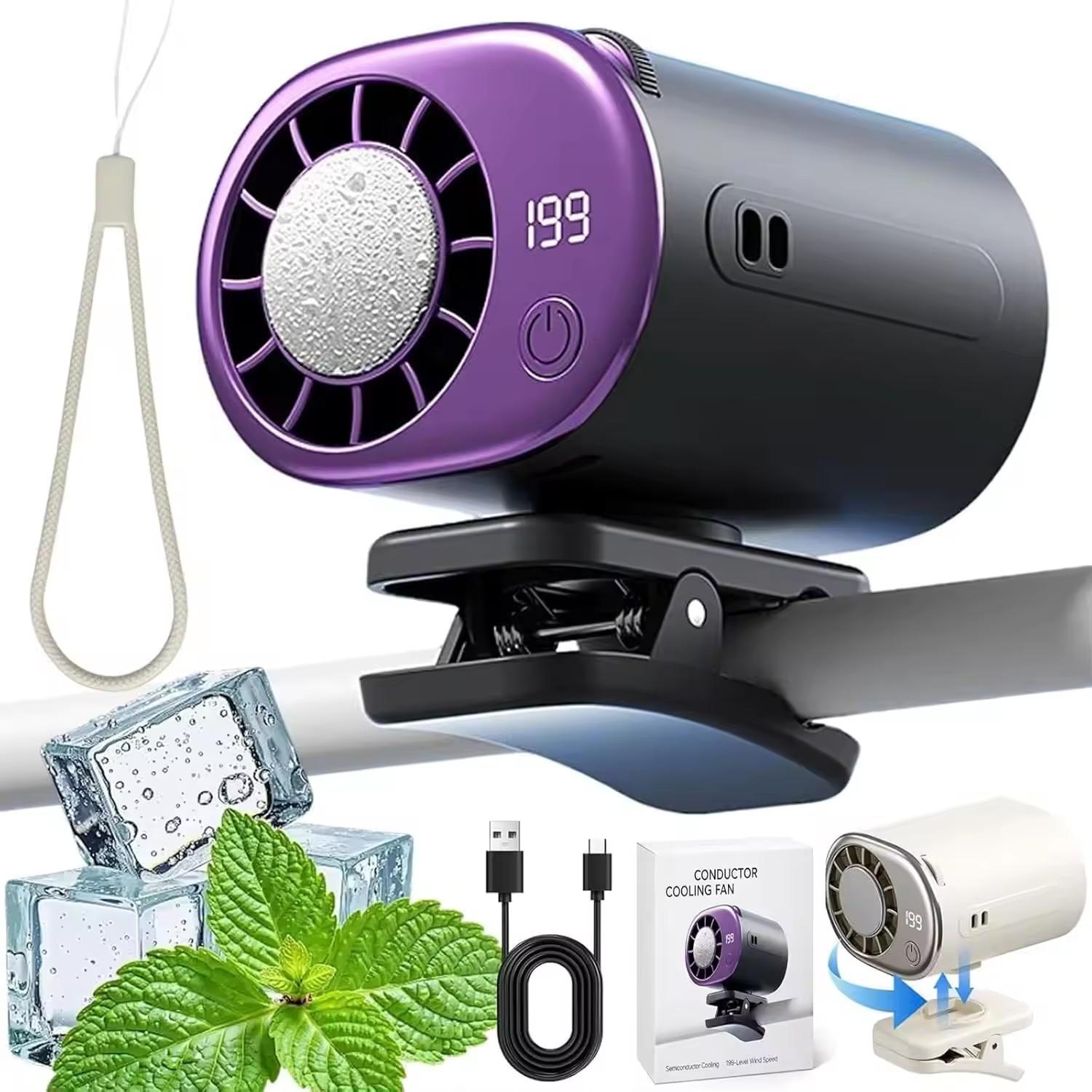 Clip-on Semiconductor Cooling Fan 360° Rotatable 199 Speeds LED Display USB Rechargeable Portable Mini Cooler Pink