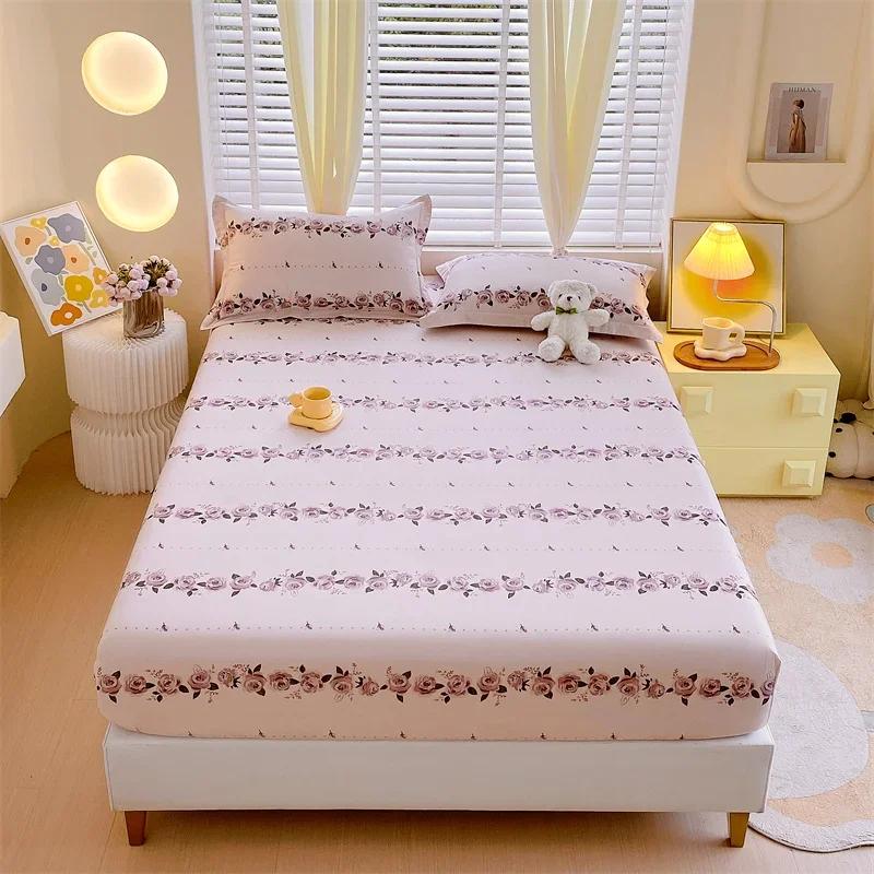 Soft Bedsheet Printed Fitted Sheet 100% Cotton Bed Cover Single/Queen Size Bed Linen Protetor De Colchão (No Pillowcase