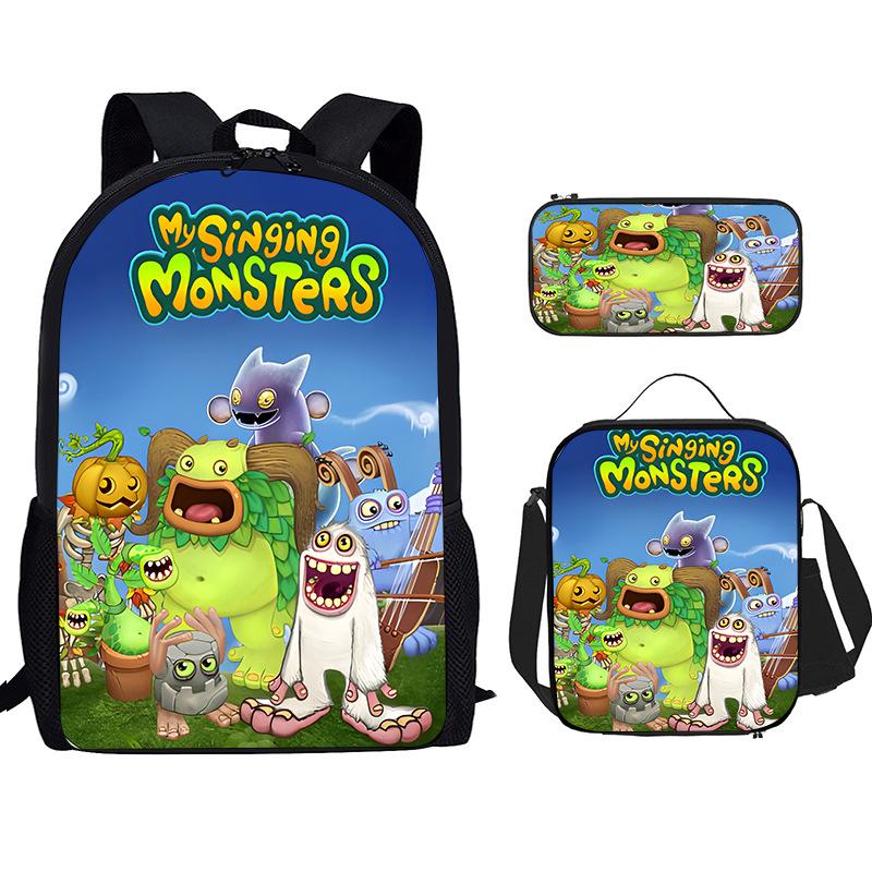 Monster Singer Elementary School Bag Three-Piece Nylon Printed Backpack Breathable Backpack Lightweight