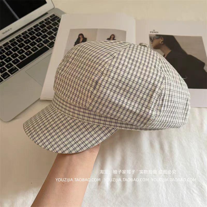 Blue Plaid Korean Octagonal Hat Spring And Summer Thin Versatile Face Ducktongue Beret Casual Hat