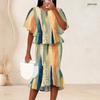 Women Plus Size Round Neck Batwing Short Sleeve Blue Green Printed Ruffle Hem Top Fishtail Skirt Two Piece Set