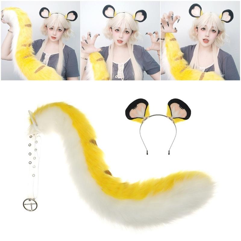 2Pcs Tigers Cats Wolf Foxes Tail Ears Headband Set Halloween Christmas Fancy-Party Costume Toy for Woman Men Cosplay