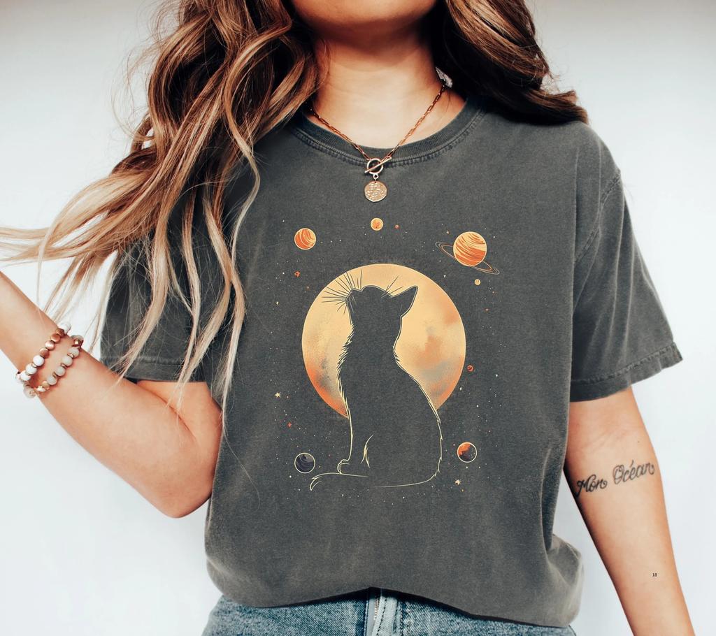 Plus Size Summer Womens Lunar Cat Cosmic Gaze TShirt Cotton Breathable Stylish Versatile Street Style Oversized