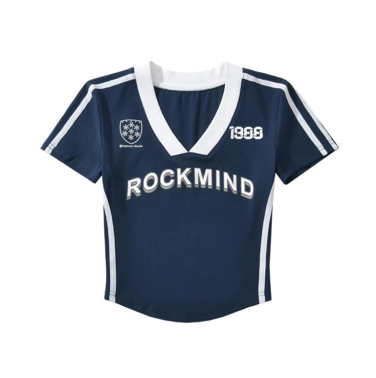 Nuova T-shirt sportiva casual estiva da donna, stile Spice Girl americana, con abbinamento di colori, manica corta con scollo a V, aderente e sottile.