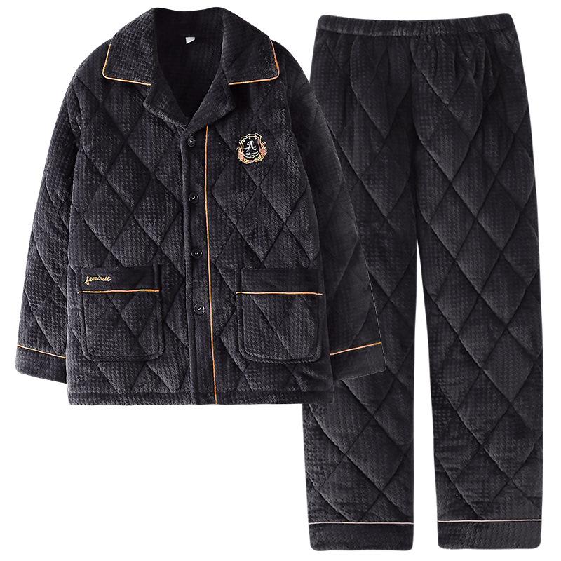 Pajamas Men'S Winter Three-Layer Thickened Fleece Thermal Jacket Autumn And Winter Coral Fleece Winter Loungewear Set