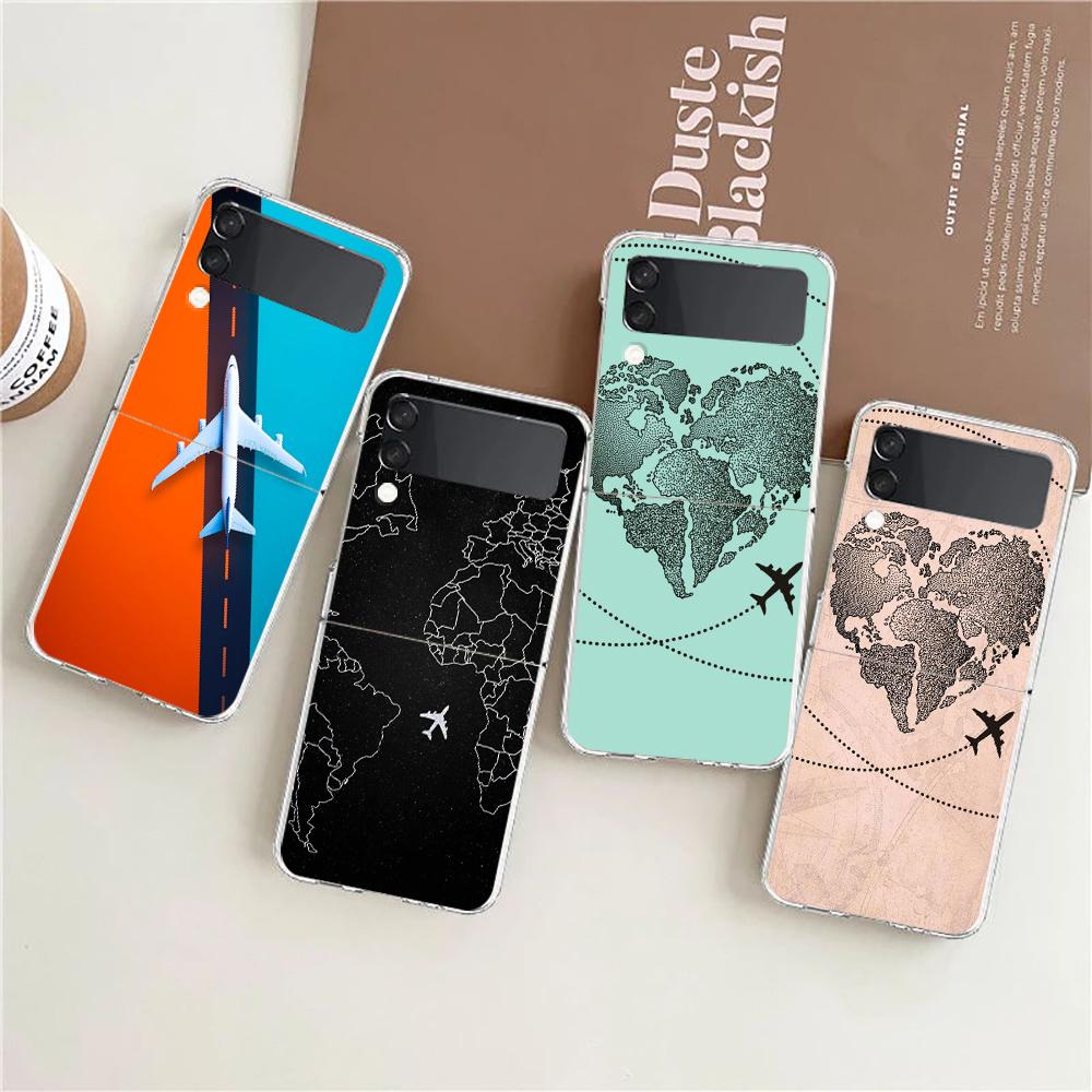 Phone Cover For Samsung Galaxy Z Flip 6 5 4 Case Transparent For Samsung Z Flip 3 Hard PC Shell Travel-Inspired Airplane Route