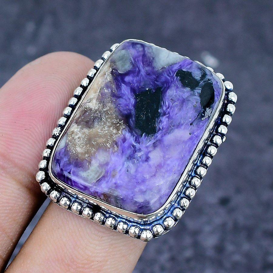 Natural Russian Charoite Gemstone 925 Sterling Silver Jewelry Ring Size 8 ETC-13302