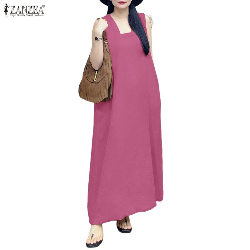 ZANZEA Women Summer Square Collar Casual Sleeveless Dress