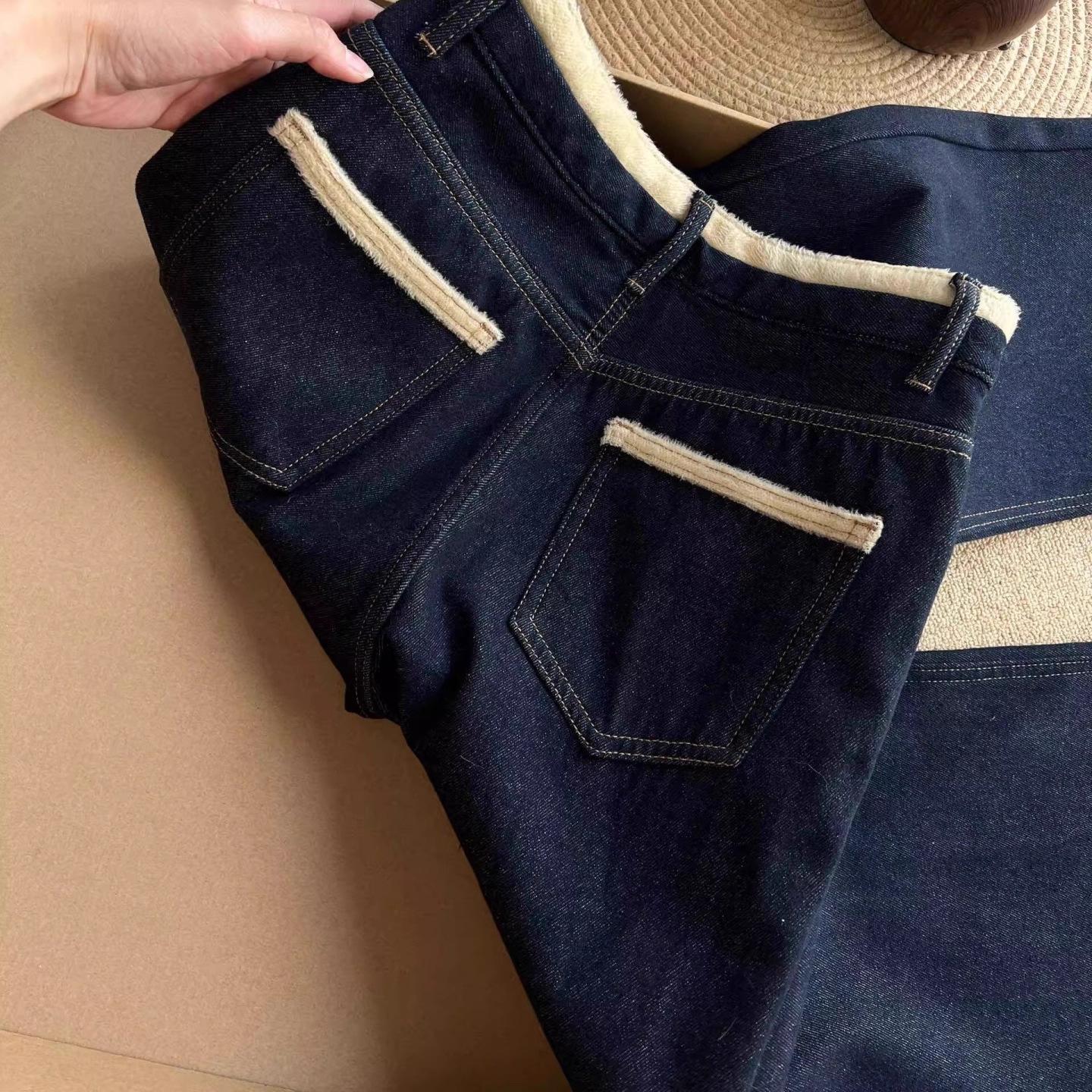 

Women s Plus Size High Waist Dark Blue Straight Leg Jeans - Winter Velvet Thickened Wide Leg Slimming Pants L