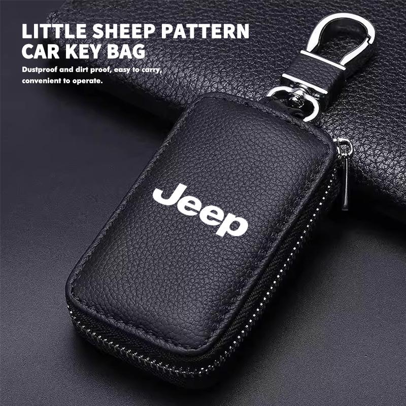 Leather Car Keychain Bag Organizer Key Zipper Case Bag Protection Cover For Jeep Cherokee Patriot Liberty Wrangler JK JL