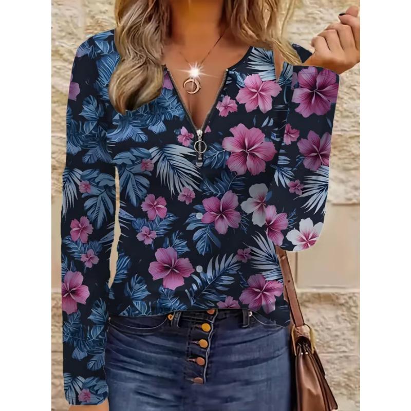 Elegantes Damenoberteil mit Reißverschluss und Print, langärmelig, stilvoll und vielseitig für Herbst und Winter, Freizeit- und Bürokleidung, maschinenwaschbar