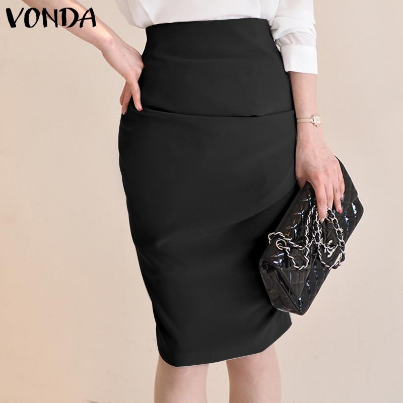 

VONDA Весенние женские коллекционные однотонные юбки миди со складками на талии