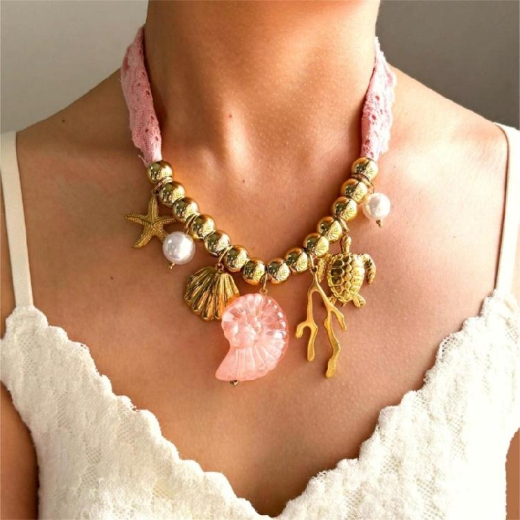 Ocean Themed Ceramic Shell And Starfish Pendant Necklace Adjustable Length Collarbone Chain Summer Gift