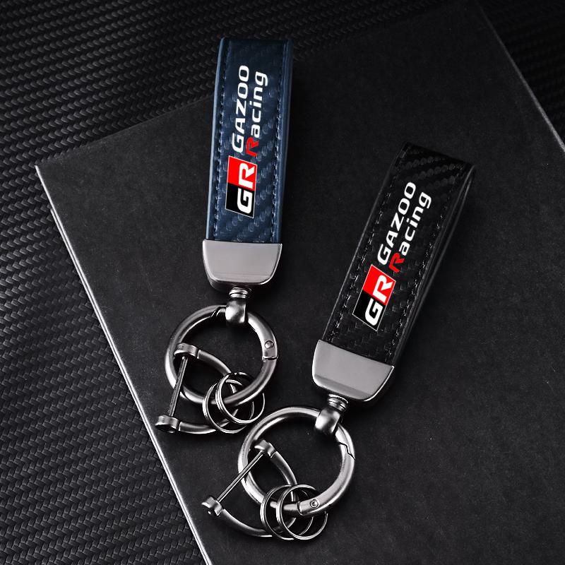 1PC Carbon fiber Car Keychain Key Ring Metal Leather For Toyota GR GAZOO RACING Toyota Yaris Hilux Corolla Prius Accessories