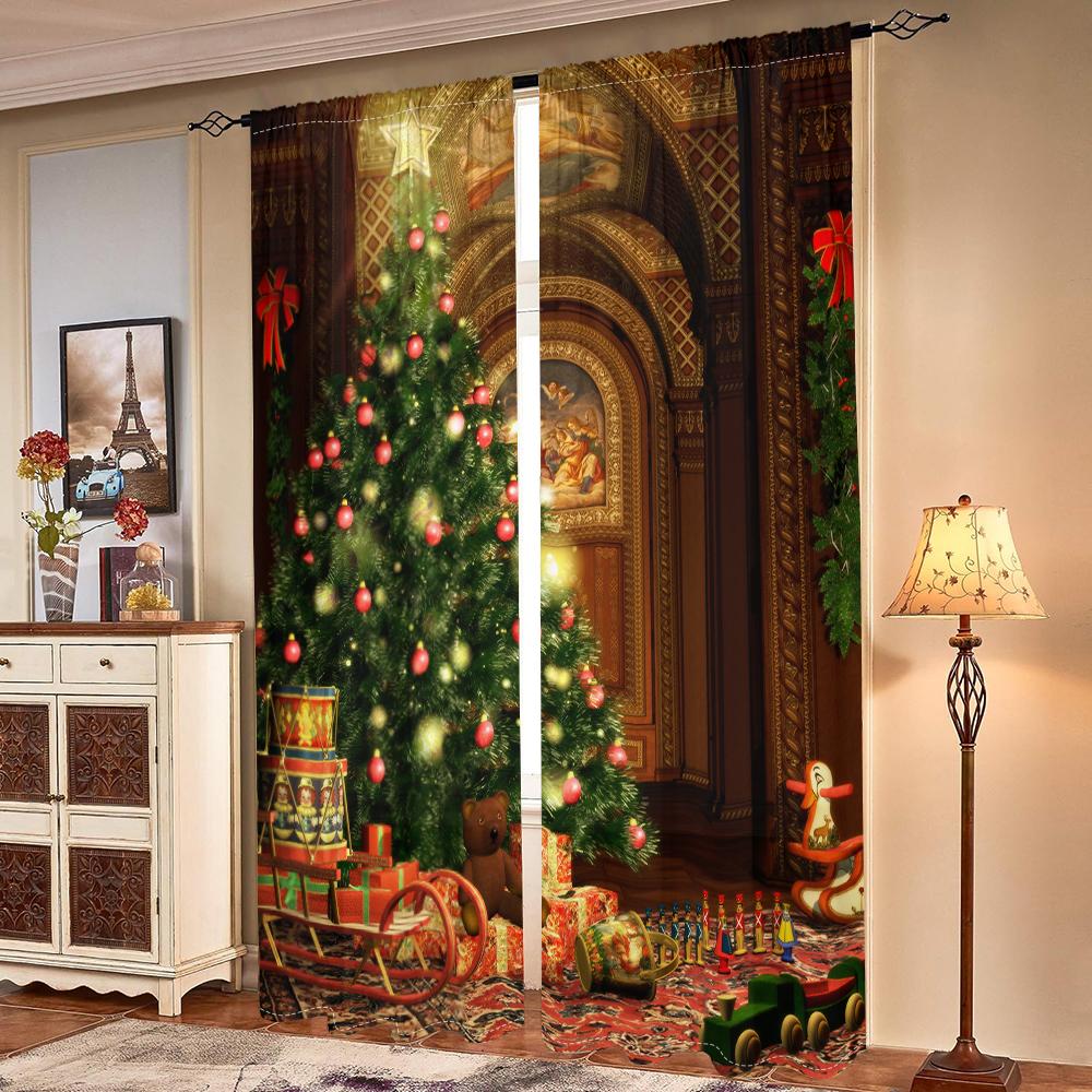 2 Pieces, Christmas Tree Winter Gift Toy Curtains -30% Blackout - Suitable for Living Room, Bedroom, Kitchen, Home Decoration