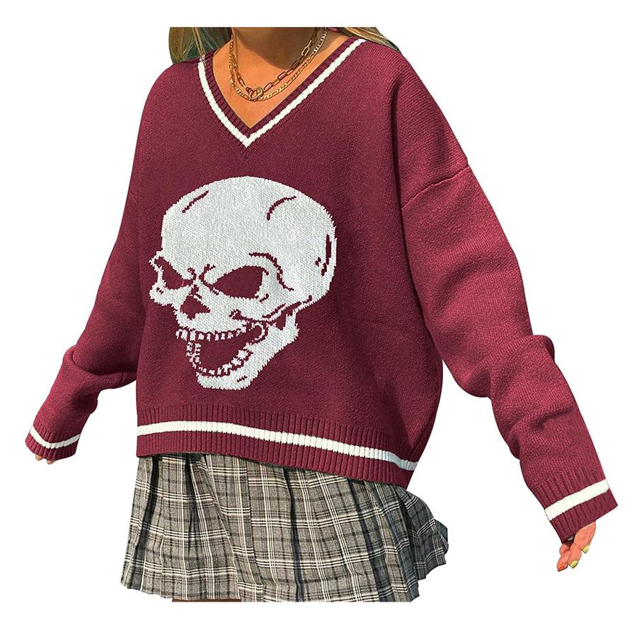 New Autumn Winter College Style Skull Knit Long Sleeve Top Loose Women's Clothing