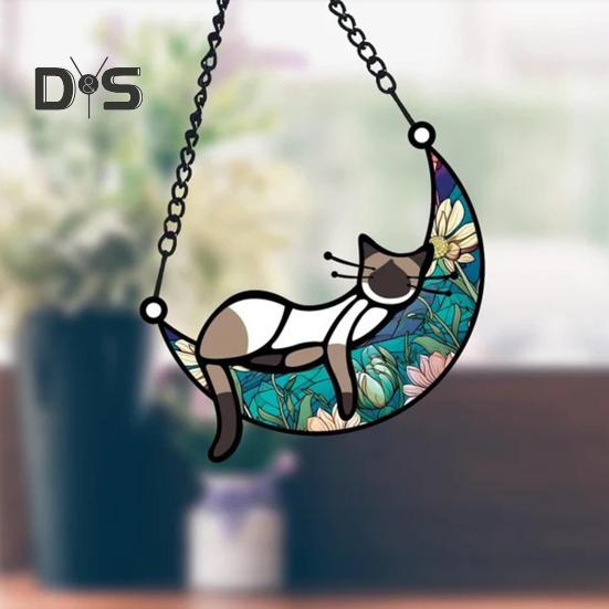 Cat Sleeping On Moon Hanging Decoration Living Room Wall Window Hanging Stained Glass Cartoon Kitten Suncatcher Colorful Acrylic Ornament Pendant