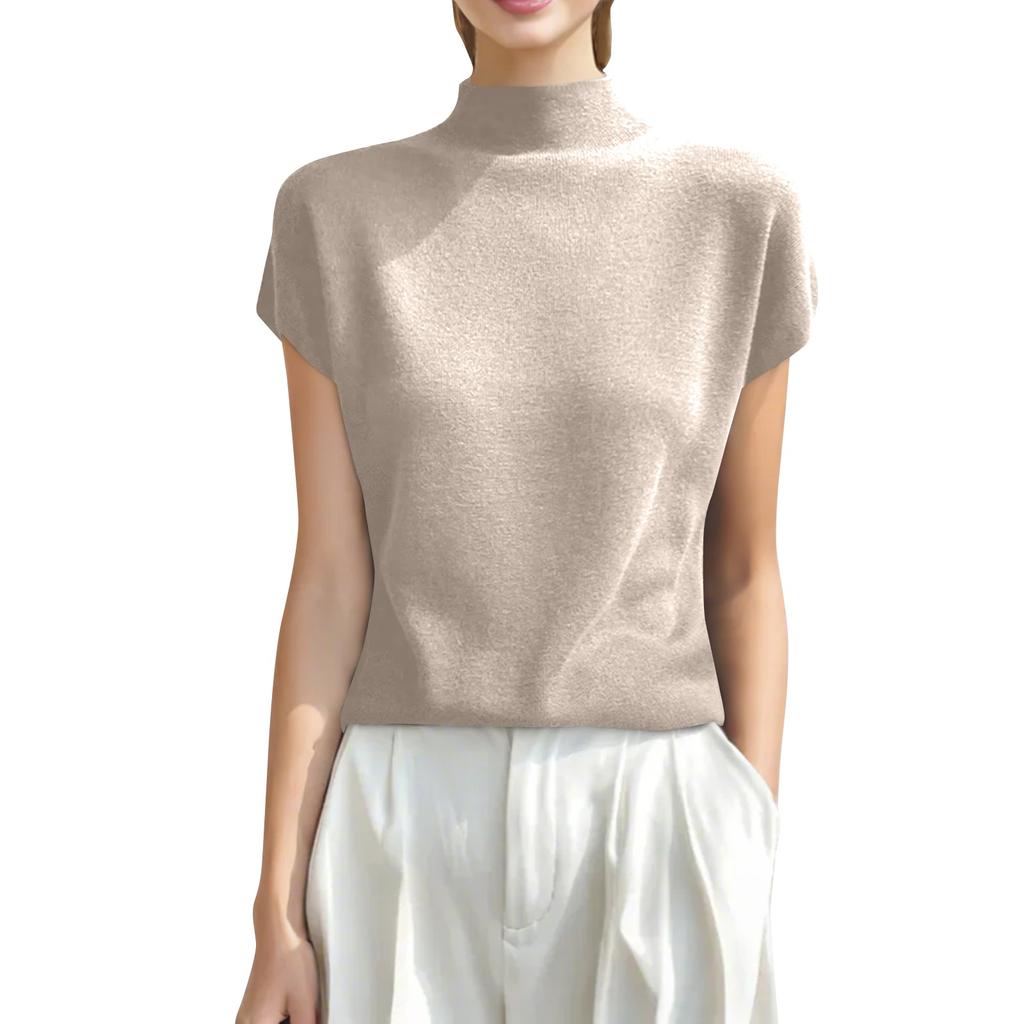 Modisches Strick-T-Shirt mit kurzen Ärmeln und hohem Halsausschnitt für Damen