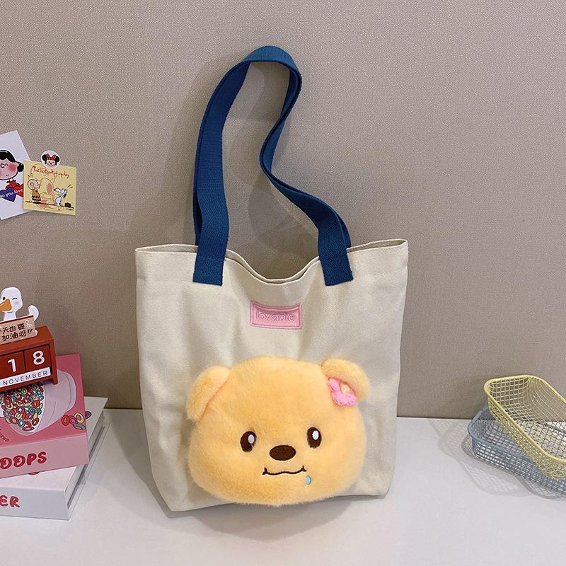 Cute Three-dimensional Plush Bear Head Handbag Large-capacity Portable Canvas Bag Girls Commute Shoulder Bag