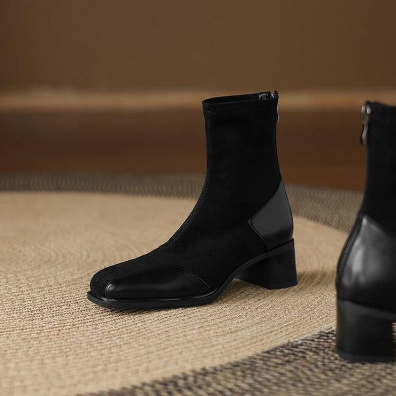 Korean Version of the New Suede Elastic Women's Boots Square Head Large Size Martin Boots Solid Color High Heel Leather Boots Autumn and Winter Mid