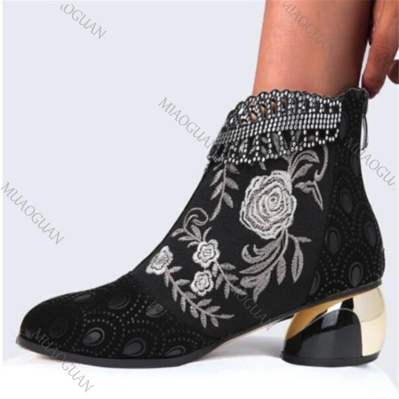 Fashion Women's Ethnic Embroidered Ankle Boots Mid Chunky Heel Rhinestone Decor Autumn Shoes for Women Vintage Style Casual Short Botas