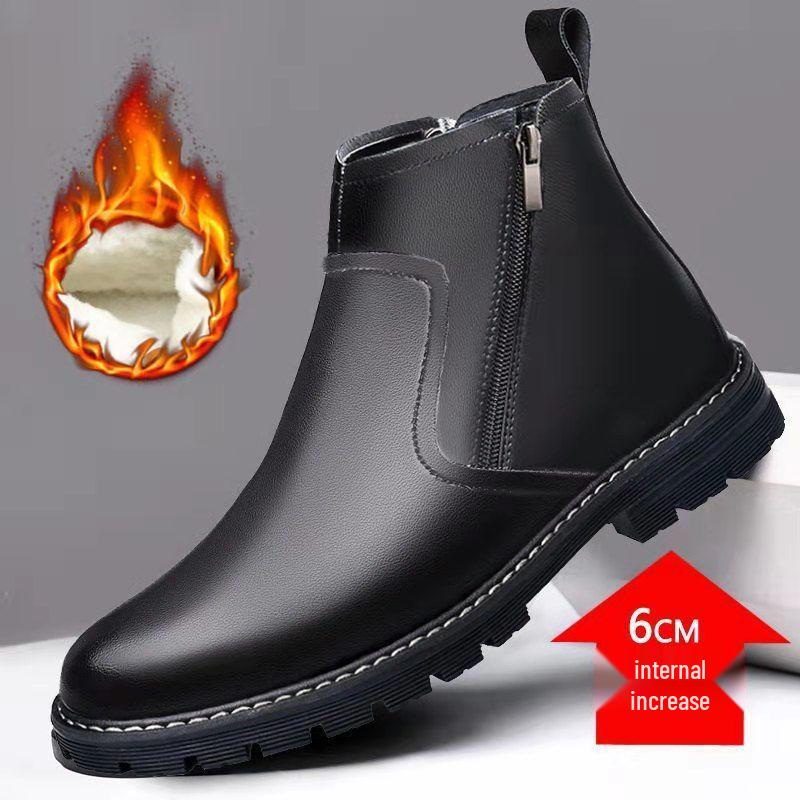 Men's High-Top Martin Boots: Soft Leather, Height-Boosting, Plus Velvet, Thickened Winter Cotton Shoes.