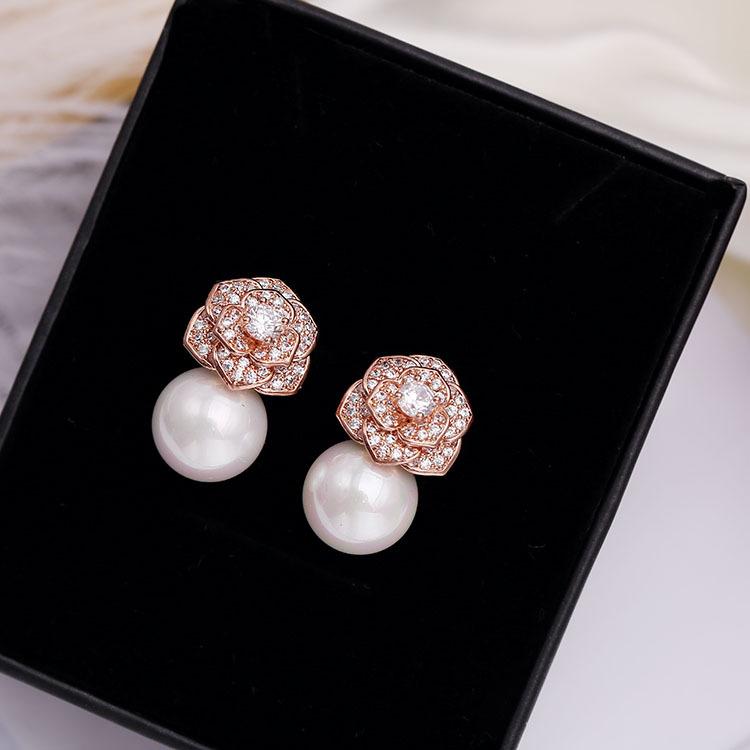 

Earrings Female Personality Micro-Set Cubic Zirconia Imitation Pearl Earrings Camellia Earrings