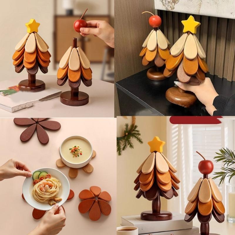 Wood Trivet Coasters Set Christmas Tree Shape Thermal Insulation Mats Kitchen Dining Table Pad Decoration Accessory
