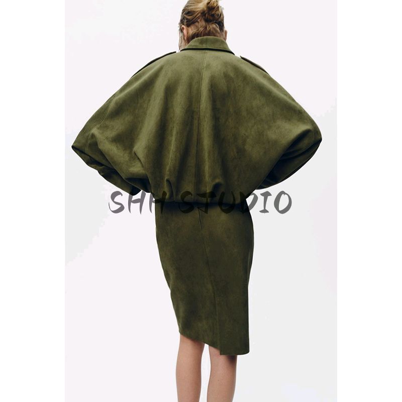Spring New Suede Texture Mid Waist Midi Dress 4344156 Pilot Jacket Outwear 4344155