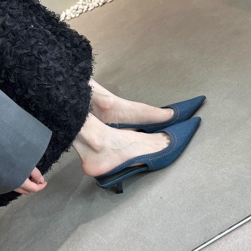 French Stiletto Pointed Back Empty Sandals Fairy Shoes Fairy Single Shoes Summer Denim Bag Head Cat Heel Muller High Heels