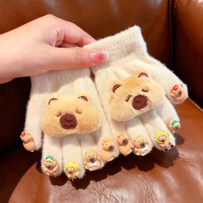 Yousheng Winter Kinder Plüsch Capybara Handschuhe 3D Capybara Puppenhandschuhe Weiche Warme Fünffingerhandschuhe für Kaltes Wetter Draußen