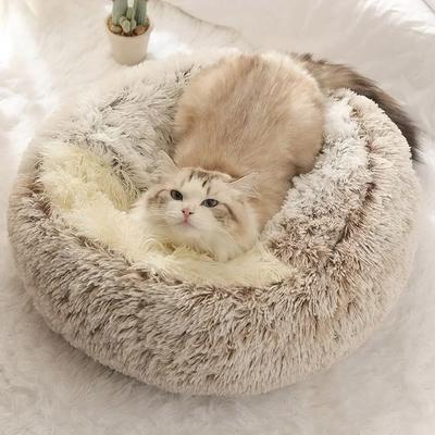 Cama de pelúcia longa e quente para animais de estimação, almofada redonda fechada para gatos, saco de dormir confortável, ninho para gatos, canil para animais de estimação pequenos