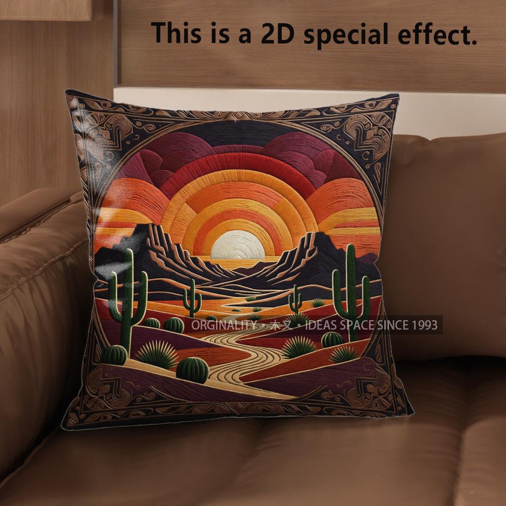 2D Retro Desert Sunset Cactus Throw Pillow Covers** Pattern Cushion Cover Suitable For Sofa Bedroom Car Pillow Cover