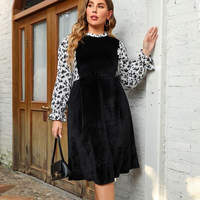 BITCED Autumn and Winter Plus Size Women's Stand-up Collar Floral Splicing Flared Sleeve False Two-piece Velvet Dress