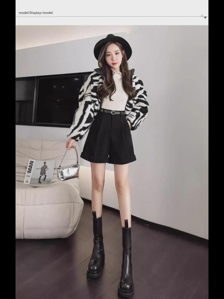 Dámské manšestrové kraťasy s vysokým pasem a áčkovým střihem – módní korejský styl na podzim/zimu