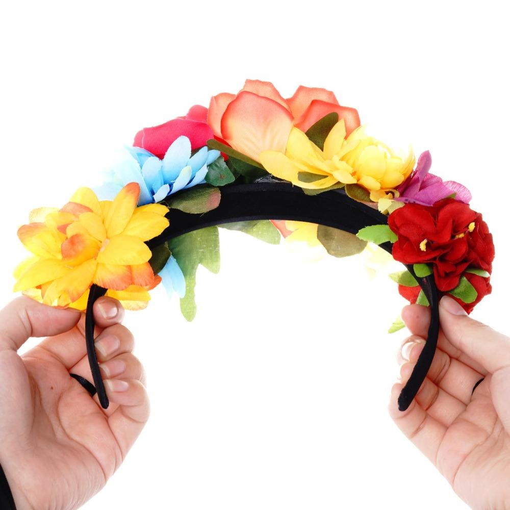 Mexican Rose Flower Crown Headband Day of The Dead Floral Rose Crown Headband Headpiece for Halloween Costume Party Headbands with Colorful Flowers