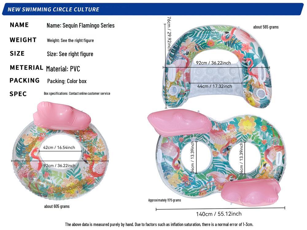 Plus Size Sequin Flamingo Backrest Swim Ring with Drink Holder & Handles