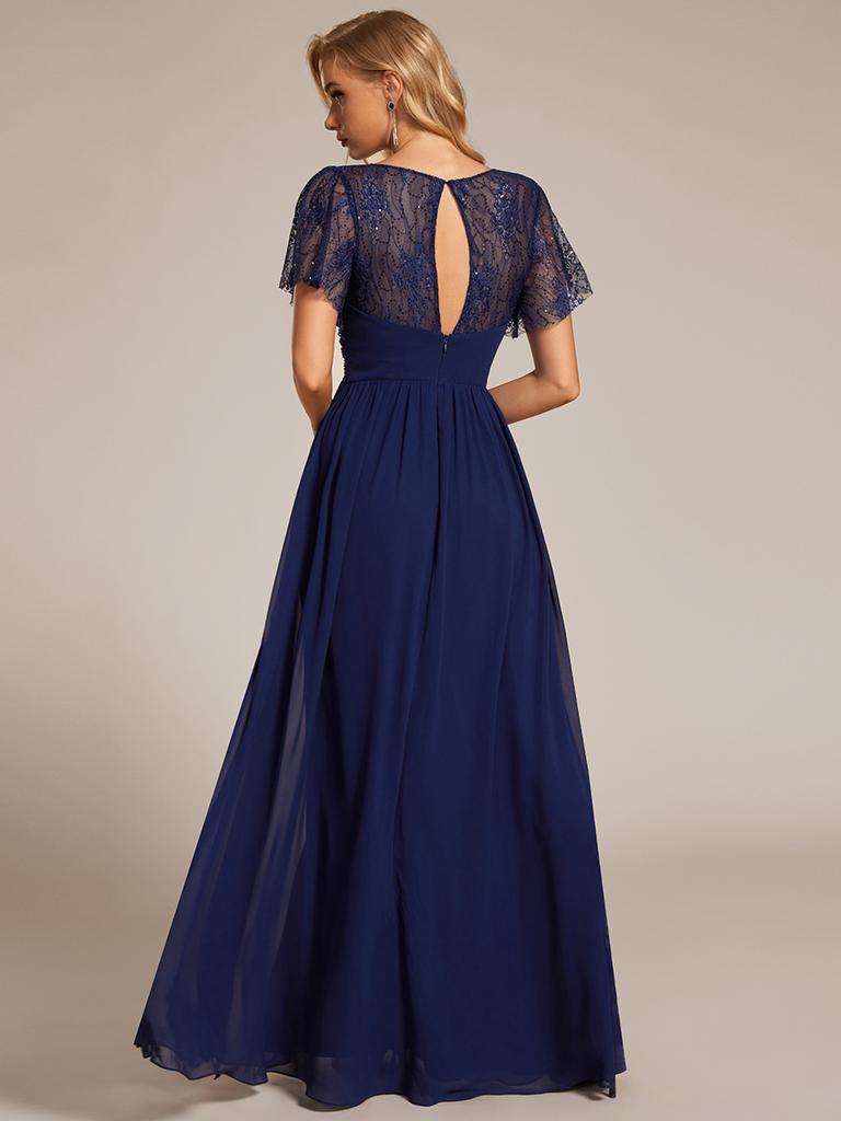 Ever-Pretty Rochii de seară din șifon, elegante, cu mâneci din frunze de lotus, cu sclipici, cu spate gol