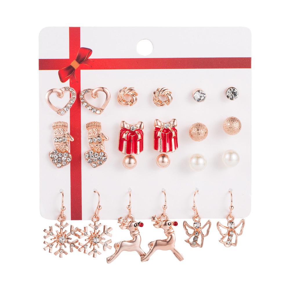 Christmas Earring Set: Santa Claus, Bell, and Tree Drop Oil Studs - 12-Piece Gift Collection